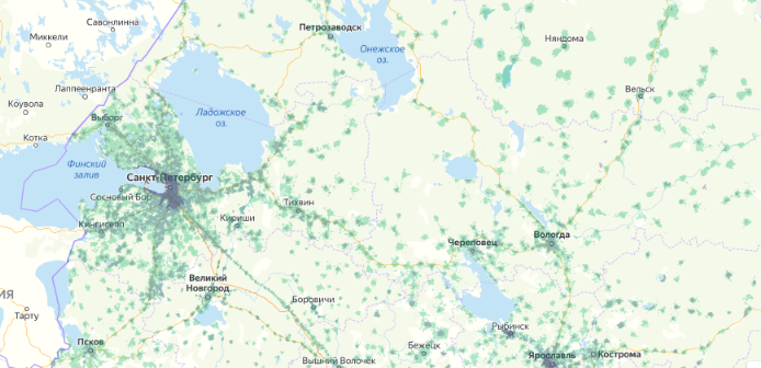 Зона покрытия МТС на карте Сургут 